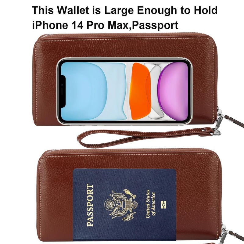 Lavemi Women's RFID Blocking 100% Leather Large Capacity Zip Around Wallet Phone Holder Clutch Travel Purse Wristlet(Large Size Pebble Coffee) - Image 5